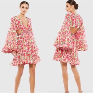Mac Duggal 9158 Floral Chiffon Bell Sleeve Ruffle Mini Cocktail Dress | Size 2